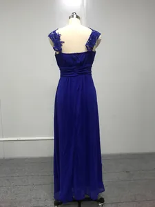 Detailed back view of a royal blue lace maxi bridesmaid evening dress on a mannequin