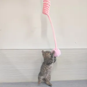 Self-entertaining hanging cat toy with pink spring and plush rabbit fur ball teaser