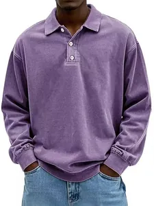 Detailed front view of a vintage purple loose fit long sleeve polo shirt for men