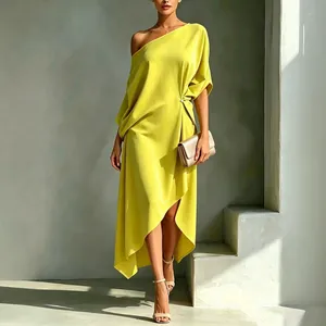 Elegant One Shoulder Asymmetric Midi Dress For Women Minimalist Solid Color Pleated Sleeveless Party Dress