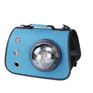 Portable blue pet space capsule carrier bag for cats and dogs with breathable mesh
