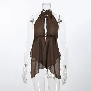 Elegant brown chiffon halter top with irregular hem and front keyhole detail