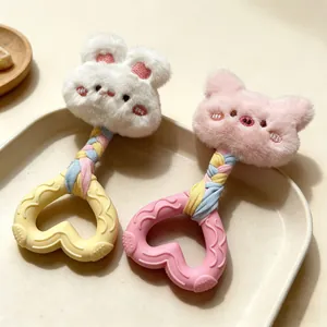 Plush squeaky dog toys with braided rope and heart-shaped rubber teething rings for pets
