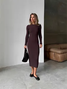 Elegant chocolate brown long sleeve ribbed knit bodycon midi dress for women's autumn fashion