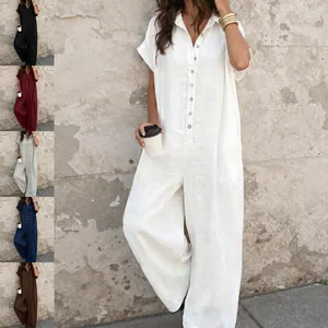 Women's Summer Casual Jumpsuit Short Sleeve Shirt Collar Button Down Wide Leg Loose Long Pants One Piece Polyester Outfit
