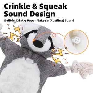 Squeaky plush dog toy with cotton ropes and built-in rustling crinkle paper feature