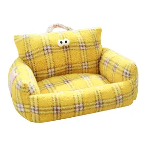 Soft yellow plaid plush cat sofa bed with googly eyes and handle for cozy pet rest