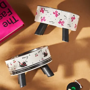 Close-up of high-legged stainless steel pet bowls with cute cat and cherry patterns