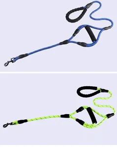 High-visibility reflective dog leash with dual padded foam handles in blue and lime green