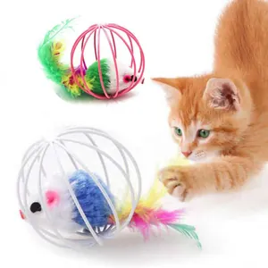 Jouet Interactif pour Chat Souris en Cage Avec Queue en Plumes Colorées Balle de Souris en Fourrure de Lapin pour Chats d'Intérieur