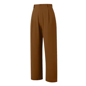 Eleganti pantaloni da donna a vita alta con gamba larga e taglio dritto color marrone