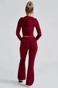 Vista posteriore di un set in maglia bordeaux con crop top con cappuccio e pantaloni a zampa