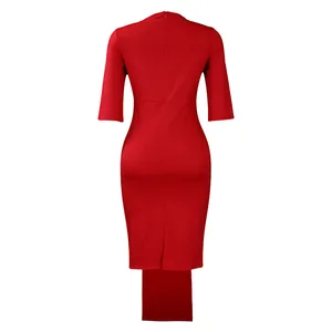 Elegant back view of a red bodycon OL office dress featuring zipper and slit detail