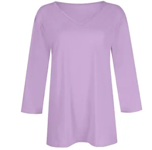 Detail shot of a women's V-neck 3/4 sleeve lavender T-shirt in soft solid fabric