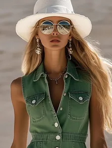 Fashionable retro green denim sleeveless shirt style mini dress for women in summer