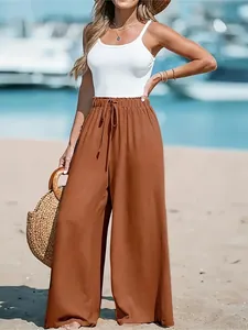 Summer casual brown wide-leg pants for women featuring an elastic drawstring waist