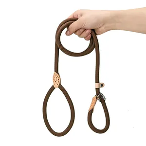 Durable brown braided rope dog slip lead leash with premium leather accents for training