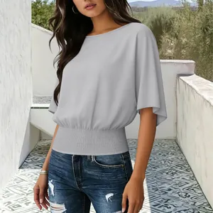 Solid color loose short sleeve blouse with smocked waist and round neck for women