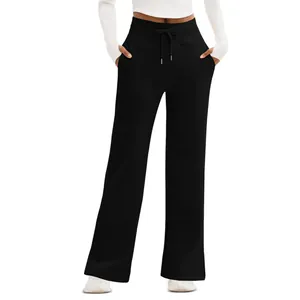 Detail of women's high waisted black wide leg casual pants with adjustable drawstring.
