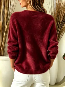 Back view detail showing the soft texture of this burgundy fuzzy knit long sleeve sweater