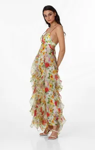 Vibrant floral chiffon ruffled maxi dress featuring backless halter neck for summer gala