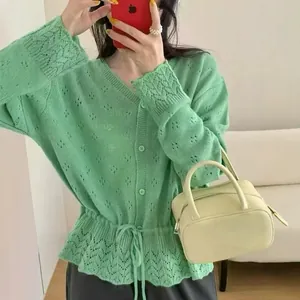 Elegant green hollow-out knitted cardigan with drawstring waist and V-neck for women