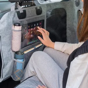 Waterproof gray car back seat organizer protector with clear tablet pocket and mesh pockets