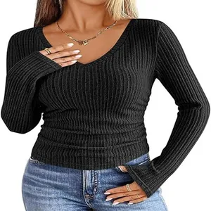 Close-up view of the ribbed texture on a women's slim fit V-neck long sleeve top