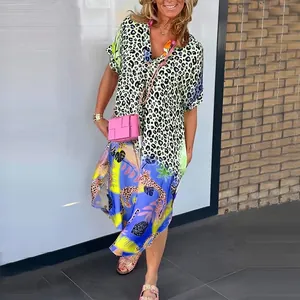 Stylish V-neck loose dress with vibrant leopard and tropical floral print for summer.