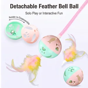 Detachable cat teaser wand with colorful feather bell ball for interactive and solo play