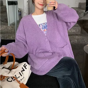 Korean Style V-Neck Knitted Cardigan Sweater For Women Oversized Loose Casual Solid Color Autumn Winter Outerwear With Pockets