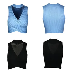 Summer ribbed knit sleeveless crop top with v-neck wrap design in blue and black colors