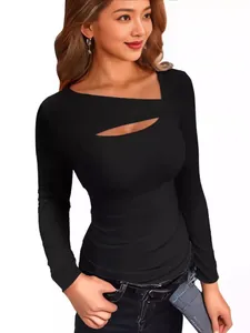 Sexy slim-fit black long sleeve T-shirt with asymmetrical cutout neckline for women.