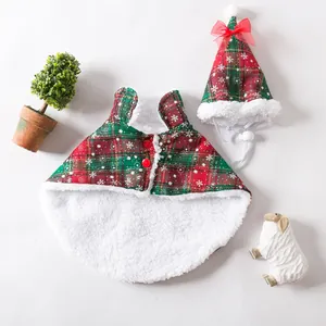 Plaid Christmas pet cloak and hat set with snowflake prints and soft white fleece lining