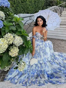 Women Off-Shoulder Organza Floral Evening Dress Backless Corset Layered Maxi Wedding Party Fairy Gown