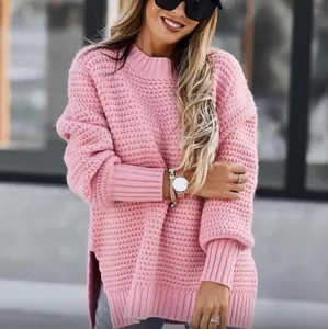 Κομψό ροζ χοντρό πλεκτό oversized πουλόβερ με μακριά μανίκια για όλες τις γυναίκες