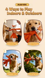 Quattro scene di un Golden Retriever che gioca con un peluche a forma di volpe.