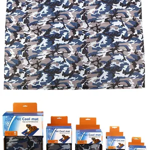 Detailed view of camouflage pet cooling mats available in various sizes and retail packaging