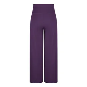 Back view of high-waisted purple yoga pants featuring a wide elastic waistband