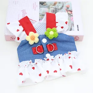 Cute pet harness dress with denim top and red heart pattern ruffles for dogs and cats