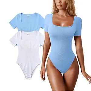 Close-up view of women's ribbed short sleeve yoga bodysuit featuring square neck design