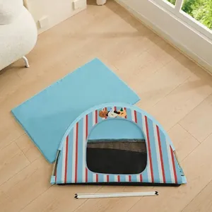 Foldable pet tent with soft mat for cats and small dogs in blue striped design