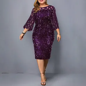 Elegantes lila Paillettenkleid in Übergröße mit transparenten Netzärmeln für Partys