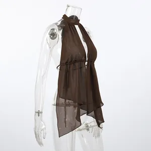 Close-up detail of a brown sheer chiffon halter top with asymmetrical hem for women