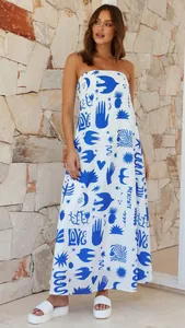 Strapless maxi dress with blue bird and heart prints for a summer holiday look.