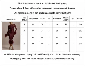 Detailed size guide chart for elegant burgundy sequined dress with feather cuff details.