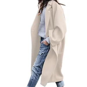 Elegant long beige wool coat for women featuring a minimalist oversized loose design