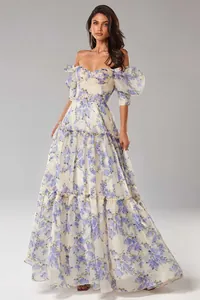 Elegant off-shoulder organza evening dress featuring a delicate lilac floral print detail