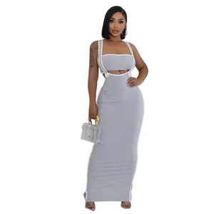 Detail view of a grey sexy bandeau and suspender bodycon maxi dress two-piece set