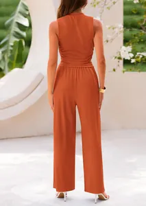 Back view of summer knit 2-piece set with rust sleeveless tank top and wide-leg pants